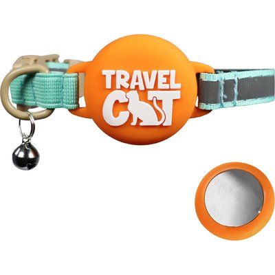 Travel Cat Travel Cat AirTag Holder Nylon Reflective Breakaway with Bell Cat Collar, 9 to 12-in neck, 1/2-in wide, Earth