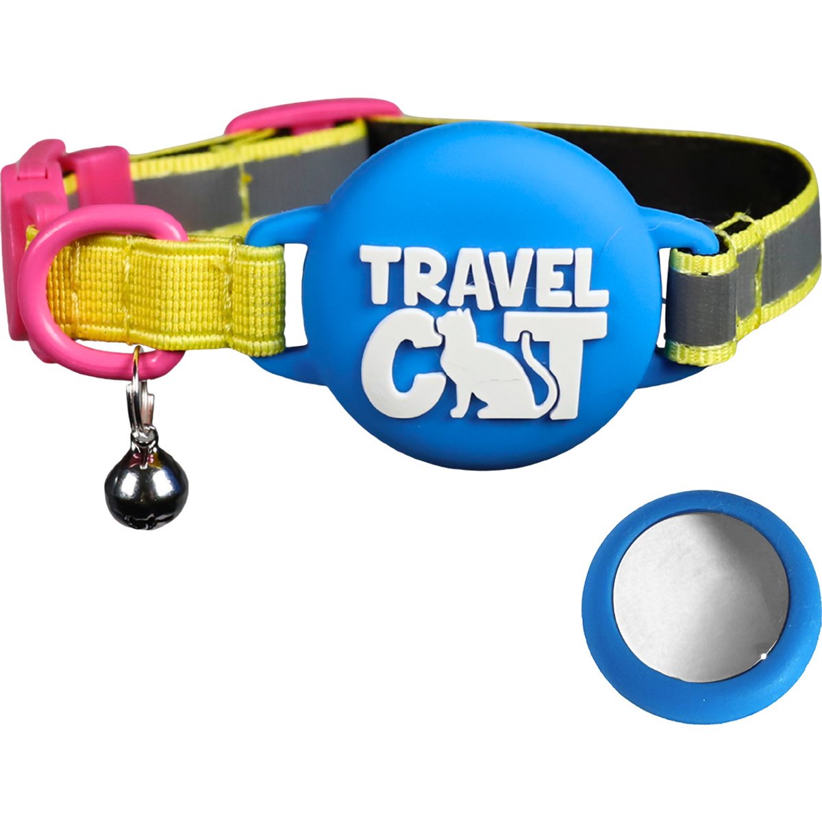 Travel Cat AirTag Holder Nylon Reflective Breakaway with Bell Cat Collar, 9 to 12-in neck, 1/2-in wide, Neon 90s