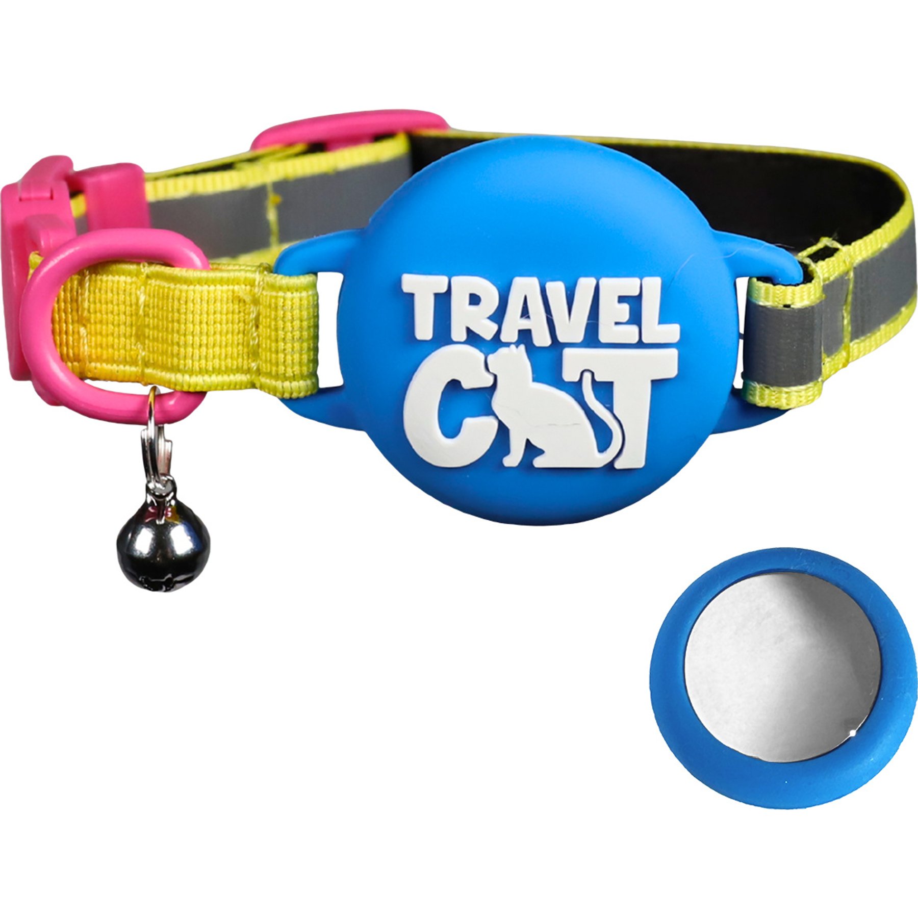 Travel Cat AirTag Holder Nylon Reflective Breakaway with Bell Cat Collar, 9 to 12-in neck, 1/2-in wide, Neon 90s