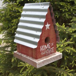Home Bazaar Lexington Home of The Free Hanging Birdhouse with Metal Roof, Red