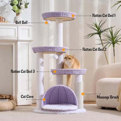 Show full view: Hittite Modern Indoor 46-in Rattan Cat Tree Tower with Scratching Post, Handwoven Nests & Cave, Purple slide 6 of 10