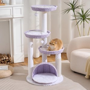 Hittite Modern Indoor 46-in Rattan Cat Tree Tower with Scratching Post, Handwoven Nests & Cave, Purple