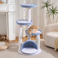 Hittite Modern Indoor 46-in Rattan Cat Tree Tower with Scratching Post, Handwoven Nests & Cave, Blue