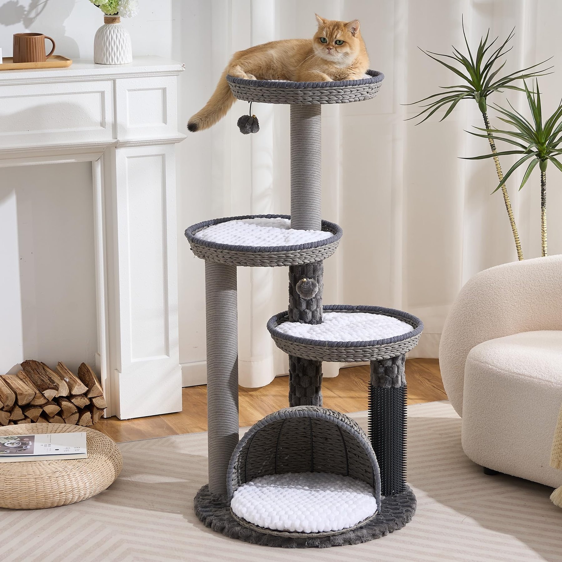 Hittite Modern Indoor 46-in Rattan Cat Tree Tower with Scratching Post, Handwoven Nests & Cave, Gray