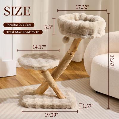 Show full view: Hittite Indoor Natural Solid Wood 32-in Faux Fur Cat Tree Tower with Scratching Post, Cozy Bed & Platforms, Khaki slide 6 of 10