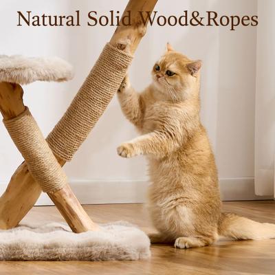 Show full view: Hittite Indoor Natural Solid Wood 32-in Faux Fur Cat Tree Tower with Scratching Post, Cozy Bed & Platforms, Khaki slide 4 of 10
