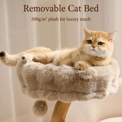 Show full view: Hittite Indoor Natural Solid Wood 32-in Faux Fur Cat Tree Tower with Scratching Post, Cozy Bed & Platforms, Khaki slide 2 of 10