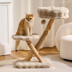 Hittite Indoor Natural Solid Wood 32-in Faux Fur Cat Tree Tower with Scratching Post, Cozy Bed & Platforms, Khaki