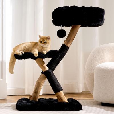 Show full view: Hittite Indoor Natural Solid Wood 32-in Faux Fur Cat Tree Tower with Scratching Post, Cozy Bed & Platforms, Black slide 9 of 10
