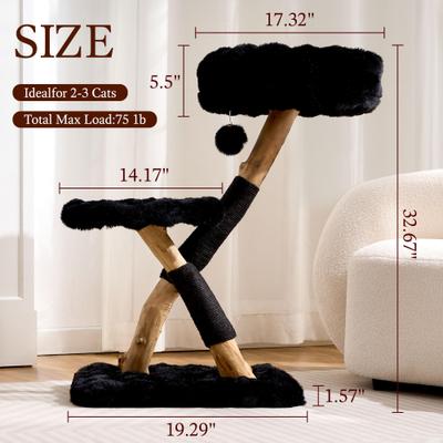 Show full view: Hittite Indoor Natural Solid Wood 32-in Faux Fur Cat Tree Tower with Scratching Post, Cozy Bed & Platforms, Black slide 6 of 10