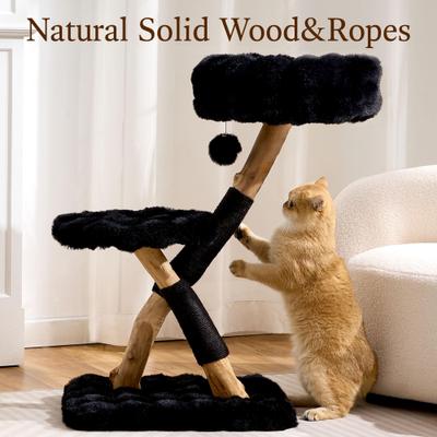 Show full view: Hittite Indoor Natural Solid Wood 32-in Faux Fur Cat Tree Tower with Scratching Post, Cozy Bed & Platforms, Black slide 4 of 10