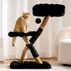 Hittite Indoor Natural Solid Wood 32-in Faux Fur Cat Tree Tower with Scratching Post, Cozy Bed & Platforms, Black