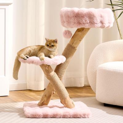 Show full view: Hittite Indoor Natural Solid Wood 32-in Faux Fur Cat Tree Tower with Scratching Post, Cozy Bed & Platforms, Pink slide 9 of 10