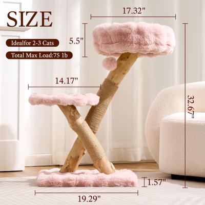 Show full view: Hittite Indoor Natural Solid Wood 32-in Faux Fur Cat Tree Tower with Scratching Post, Cozy Bed & Platforms, Pink slide 6 of 10