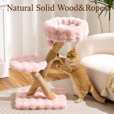 Show full view: Hittite Indoor Natural Solid Wood 32-in Faux Fur Cat Tree Tower with Scratching Post, Cozy Bed & Platforms, Pink slide 4 of 10