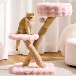 Hittite Indoor Natural Solid Wood 32-in Faux Fur Cat Tree Tower with Scratching Post, Cozy Bed & Platforms, Pink