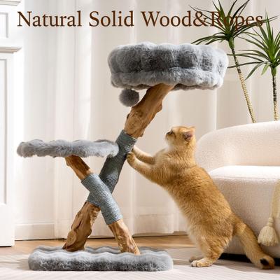 Show full view: Hittite Indoor Natural Solid Wood 32-in Faux Fur Cat Tree Tower with Scratching Post, Cozy Bed & Platforms, Gray slide 4 of 10