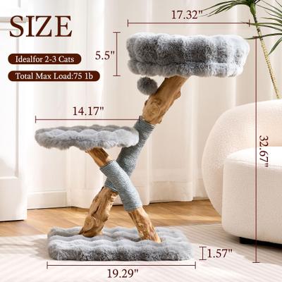 Show full view: Hittite Indoor Natural Solid Wood 32-in Faux Fur Cat Tree Tower with Scratching Post, Cozy Bed & Platforms, Gray slide 6 of 10