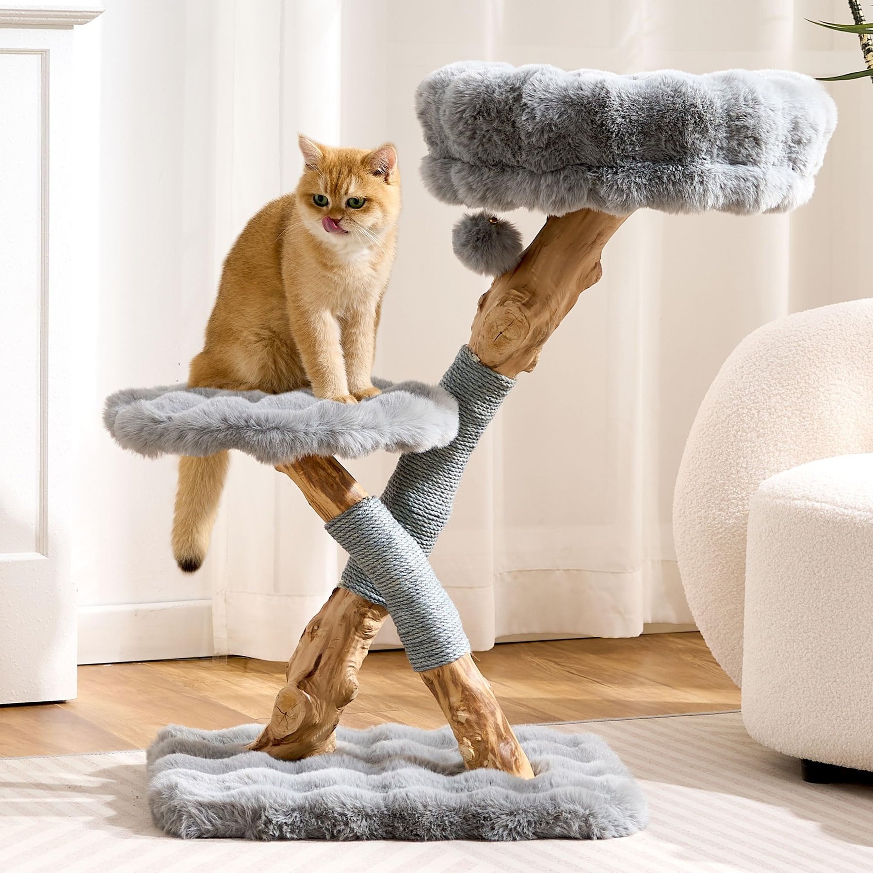 Hittite Indoor Natural Solid Wood 32-in Faux Fur Cat Tree Tower with Scratching Post, Cozy Bed & Platforms, Gray