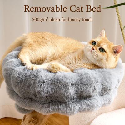 Show full view: Hittite Indoor Natural Solid Wood 32-in Faux Fur Cat Tree Tower with Scratching Post, Cozy Bed & Platforms, Gray slide 2 of 10