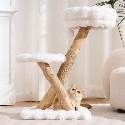 Show full view: Hittite Indoor Natural Solid Wood 32-in Faux Fur Cat Tree Tower with Scratching Post, Cozy Bed & Platforms, White slide 10 of 11