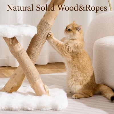Show full view: Hittite Indoor Natural Solid Wood 32-in Faux Fur Cat Tree Tower with Scratching Post, Cozy Bed & Platforms, White slide 5 of 11