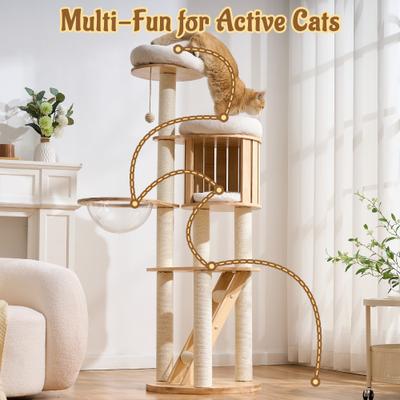 Show full view: Hittite Solid Wood 62-in Polyester Cat Tree Tower & Condo with Sisal Scratching Post, Capsule & Ladder, 20.87 x 20.87 x 62-in slide 10 of 11