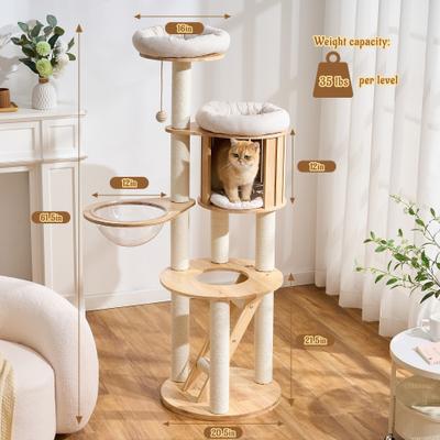Show full view: Hittite Solid Wood 62-in Polyester Cat Tree Tower & Condo with Sisal Scratching Post, Capsule & Ladder, 20.87 x 20.87 x 62-in slide 9 of 11