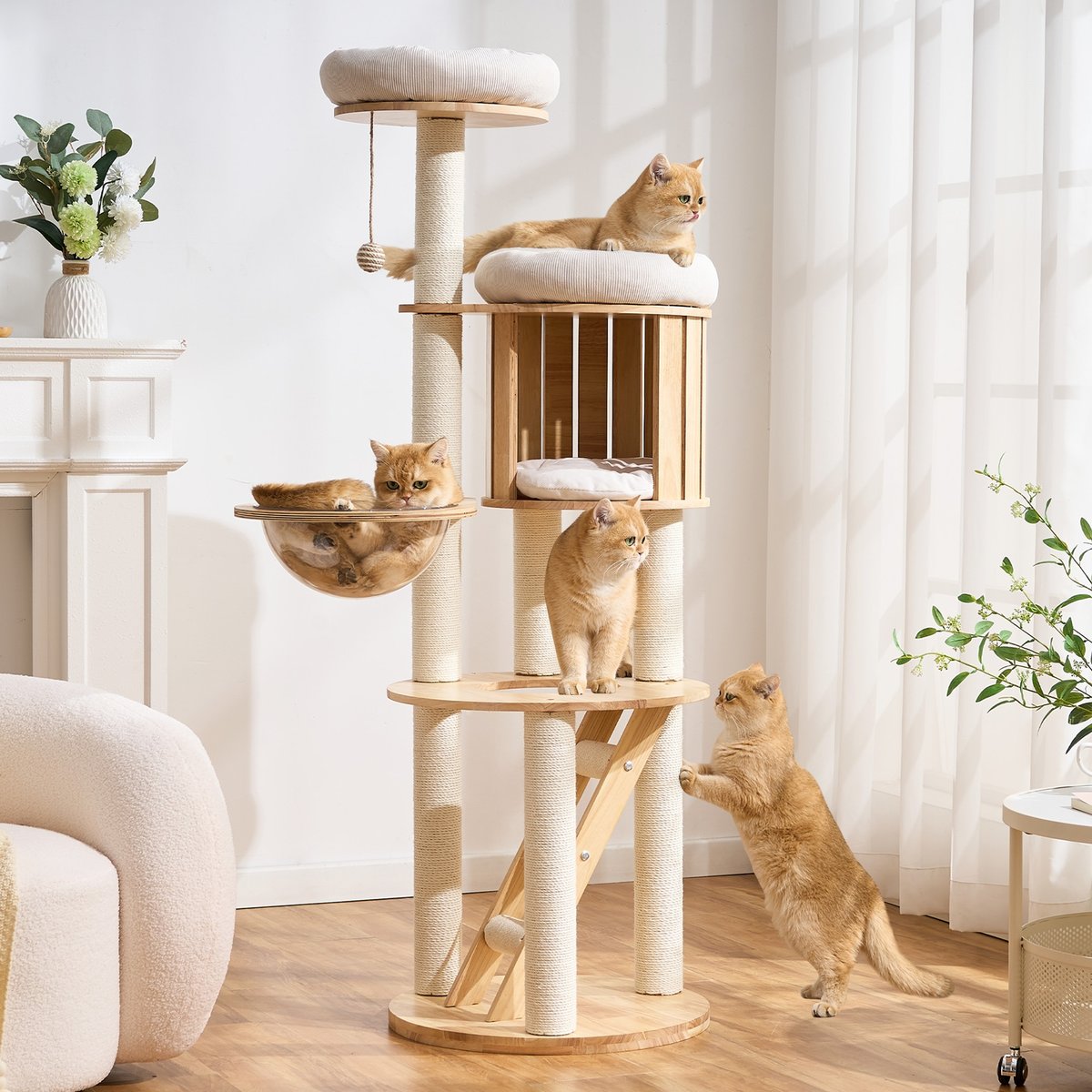 Hittite Solid Wood 62-in Corduroy Cat Tree Tower & Condo with Sisal Scratching Post, Capsule & Ladder, 20.87 x 20.87 x 62-in, White