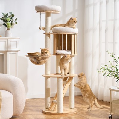 Hittite Hittite Solid Wood 62-in Corduroy Cat Tree Tower & Condo with Sisal Scratching Post, Capsule & Ladder, 20.87 x 20.87 x 62-in, White