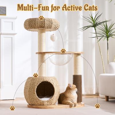 Show full view: Hittite Solid Wood 38-in Faux Fur Cat Tree Tower & Condo with Sisal Scratching Post, Capsule & Ladder, 24.5 x 17.3 x 38-in slide 8 of 10