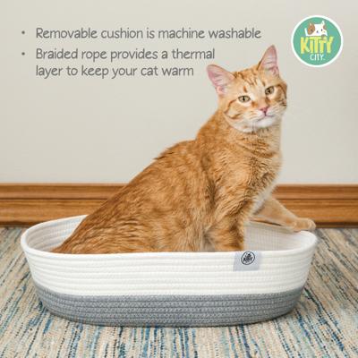 Show full view: Kitty City Woven Bolster Cat Bed with Pillow & Removable Cover, Grey & White slide 6 of 9