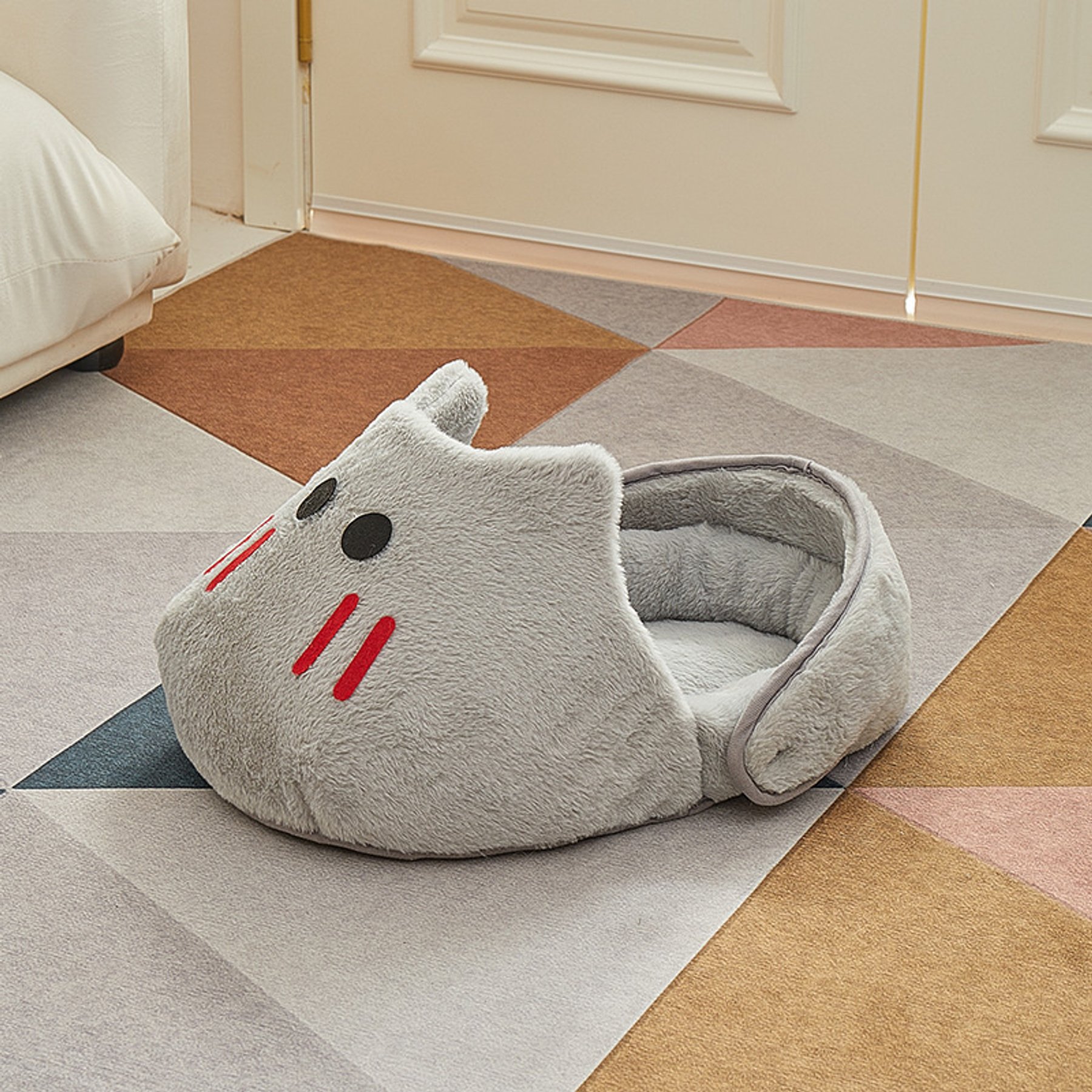 NonoPets Cute Cat-Shaped Plush Bolster Cat Bed, Grey, Small