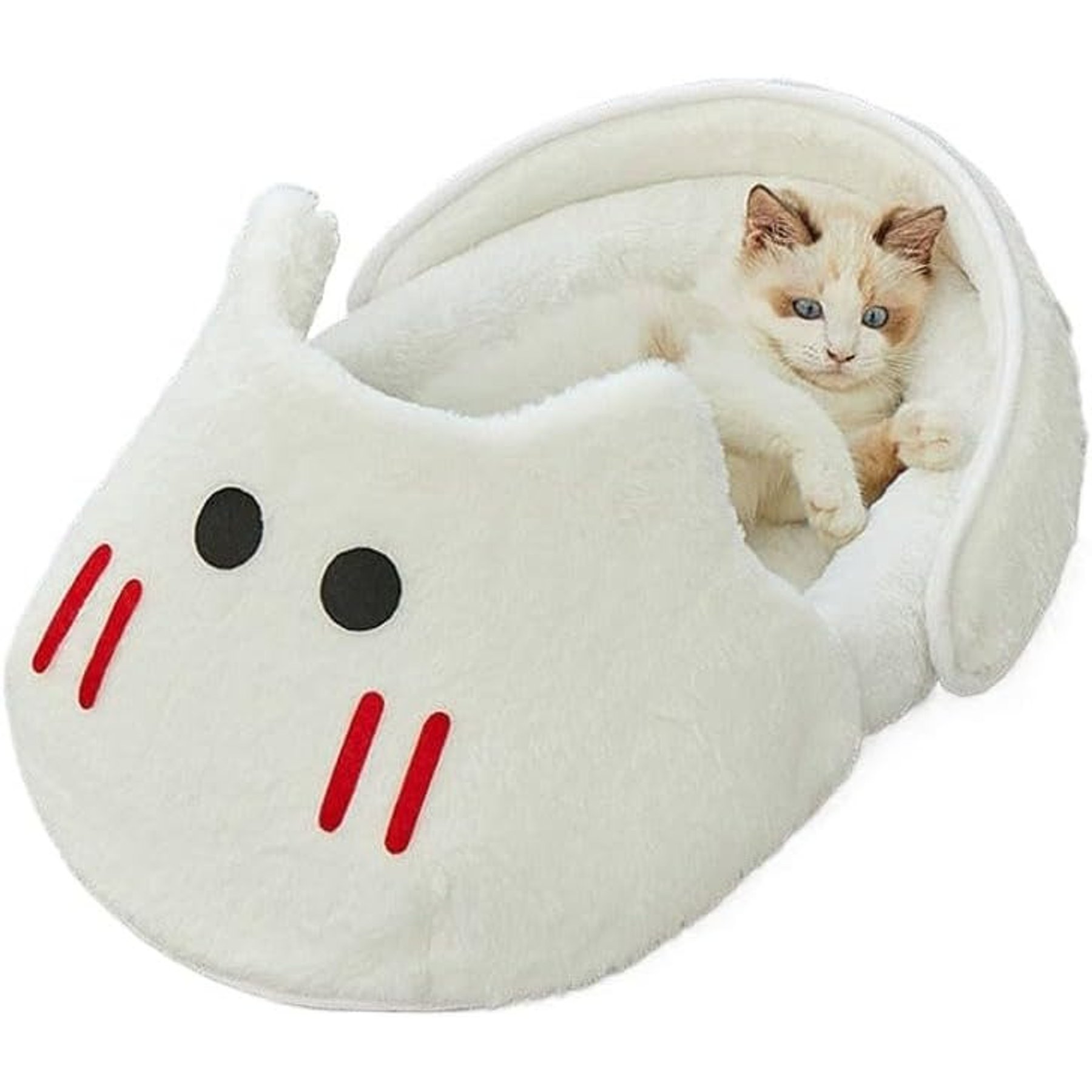 NonoPets Cute Cat-Shaped Plush Bolster Cat Bed, White, Small