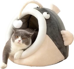 NonoPets Fish-Shaped Covered Cat House Bed, Soft Beige/Brown Pastel, Medium slide 1 of 6