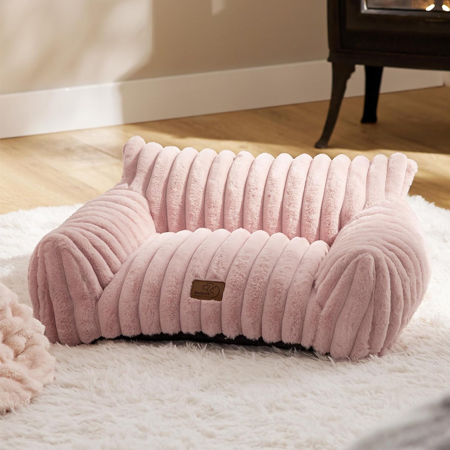 NonoPets Premium Soft Corduroy Fleece, Fuzzy Furniture Style Sofa Dog & Cat Bed with Removable Washable Cover, Pink