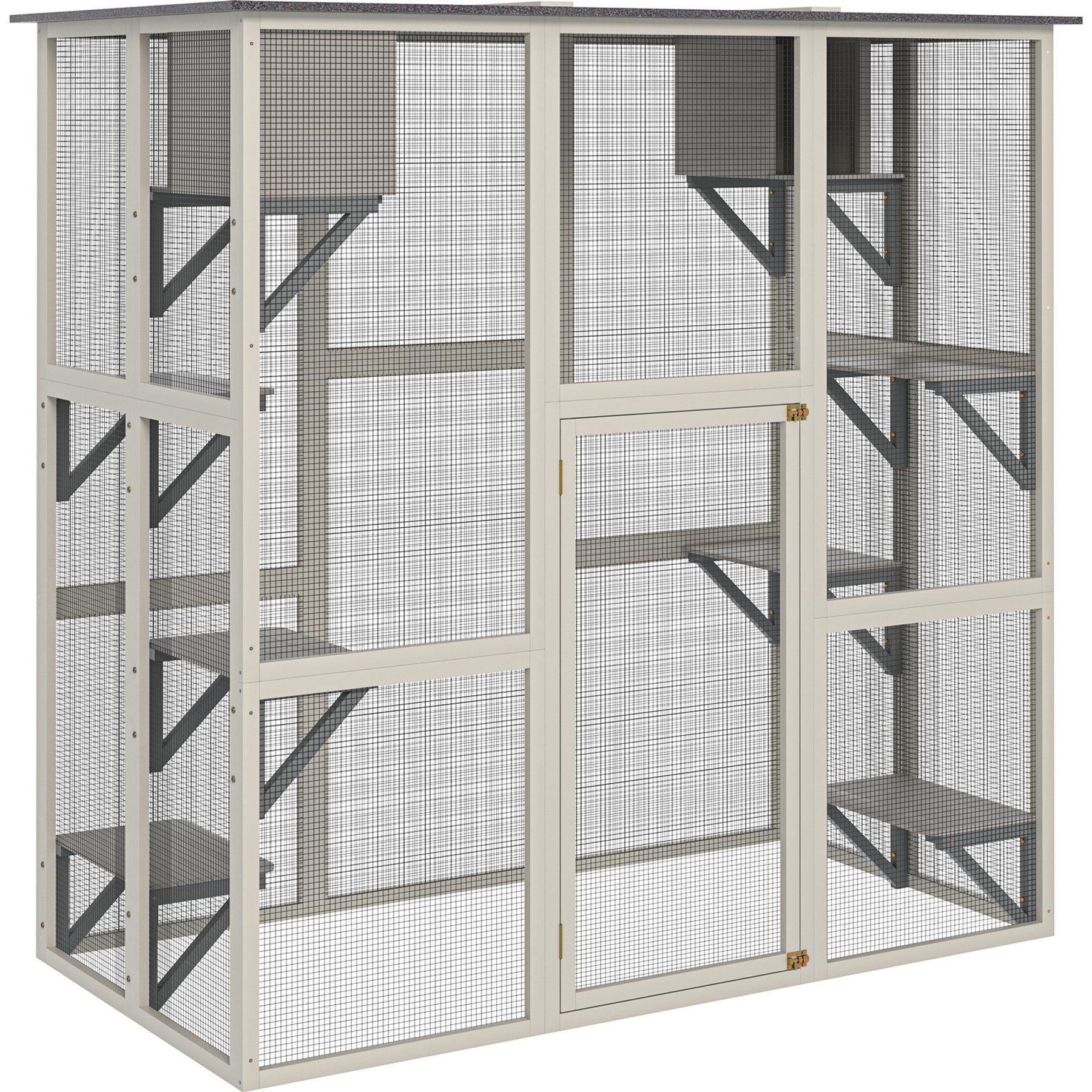 Zeus & Ruta Wooden 6 Platforms & 2 Napping Boxes Weatherproof Asphalt Roof Cat House, Gray