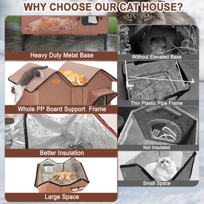 Show full view: HXPLN Weatherproof, Escape Door Insulated Elevated Polyester Outdoor Heated Cat House, X-Large, Brown slide 6 of 10