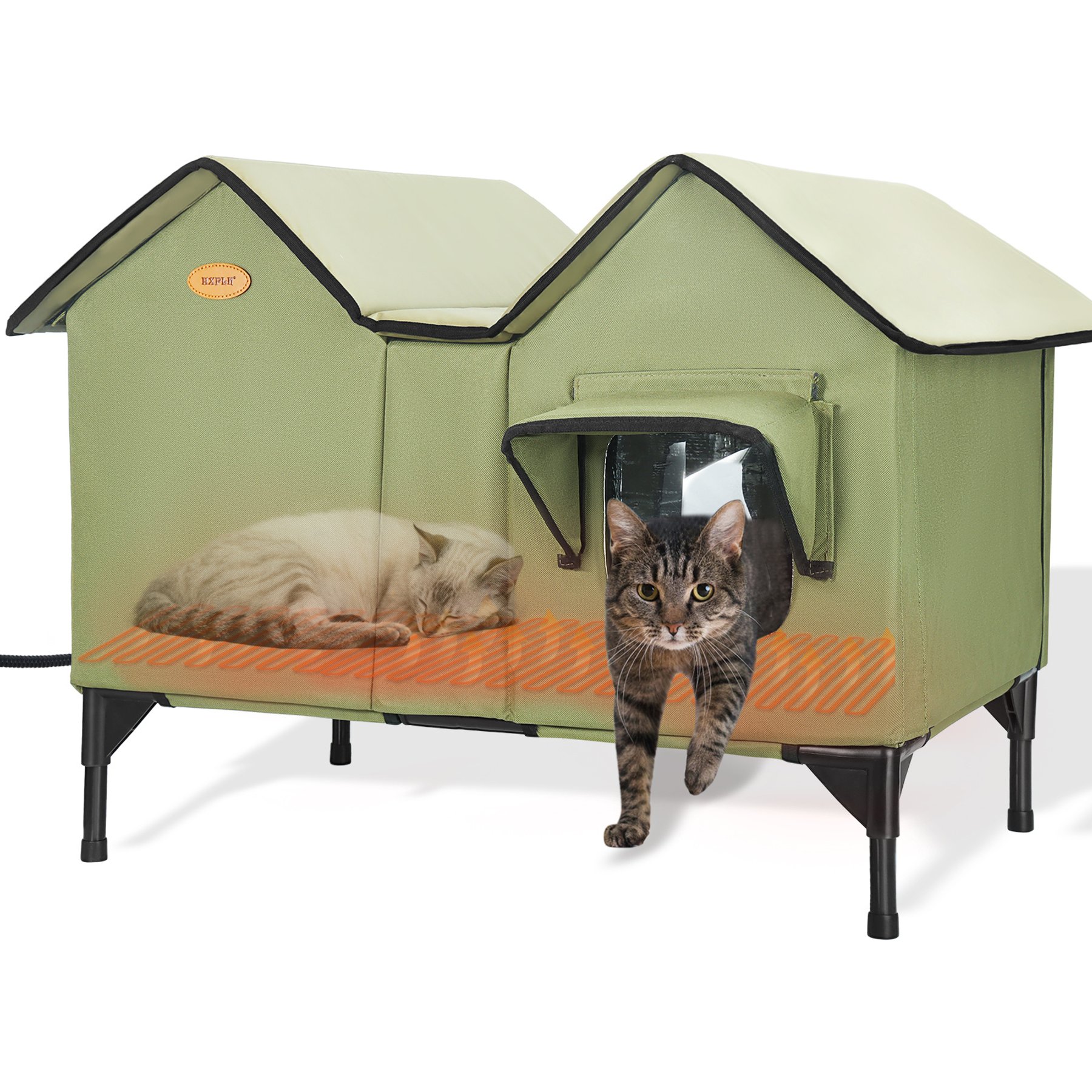 HXPLN Weatherproof, Escape Door Insulated Elevated Polyester Outdoor Heated Cat House, X-Large, Green
