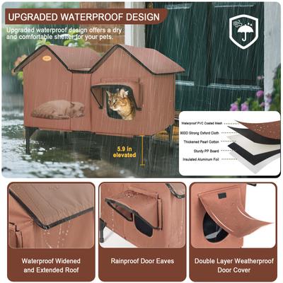 Show full view: HXPLN Weatherproof, Escape Door Insulated Elevated Polyester Outdoor Heated Cat House, X-Large, Brown slide 3 of 10