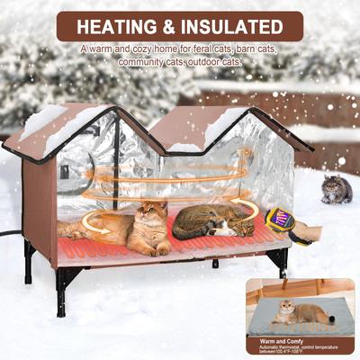 Show full view: HXPLN Weatherproof, Escape Door Insulated Elevated Polyester Outdoor Heated Cat House, X-Large, Brown slide 2 of 10