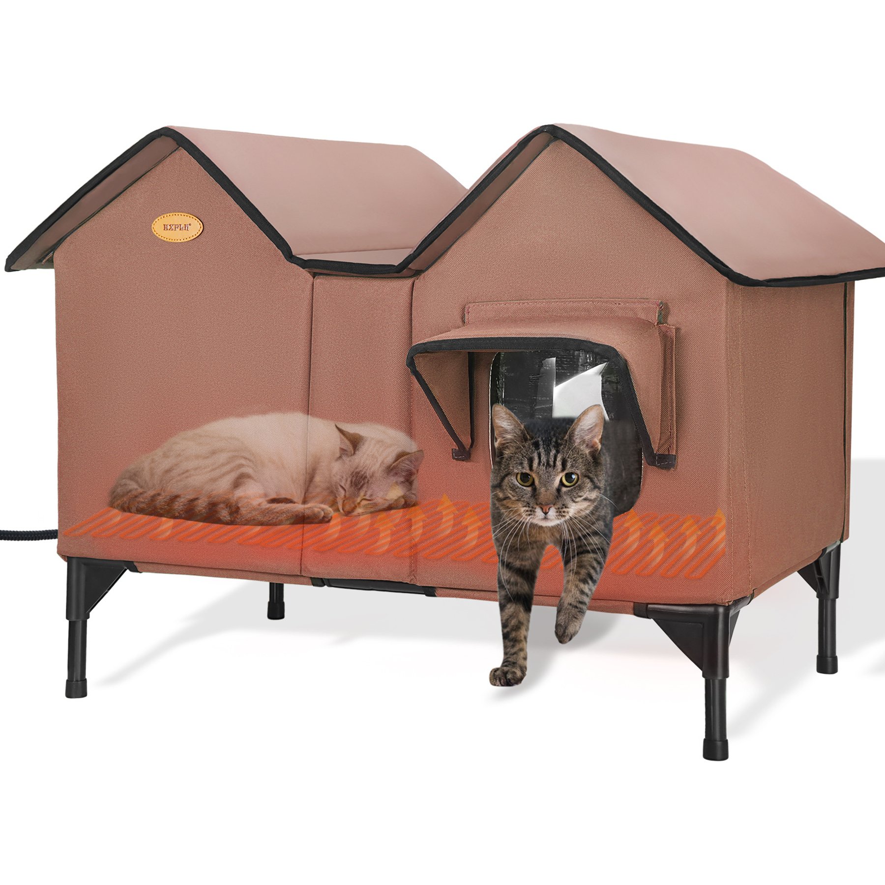HXPLN Weatherproof, Escape Door Insulated Elevated Polyester Outdoor Heated Cat House, X-Large, Brown