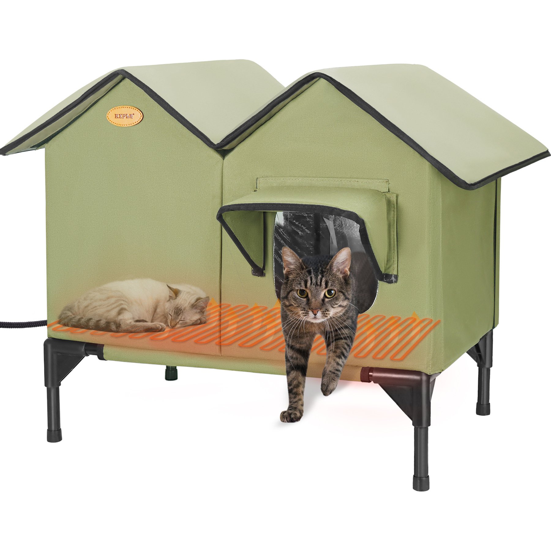HXPLN Weatherproof, Escape Door Insulated Elevated Polyester Outdoor Heated Cat House, Green
