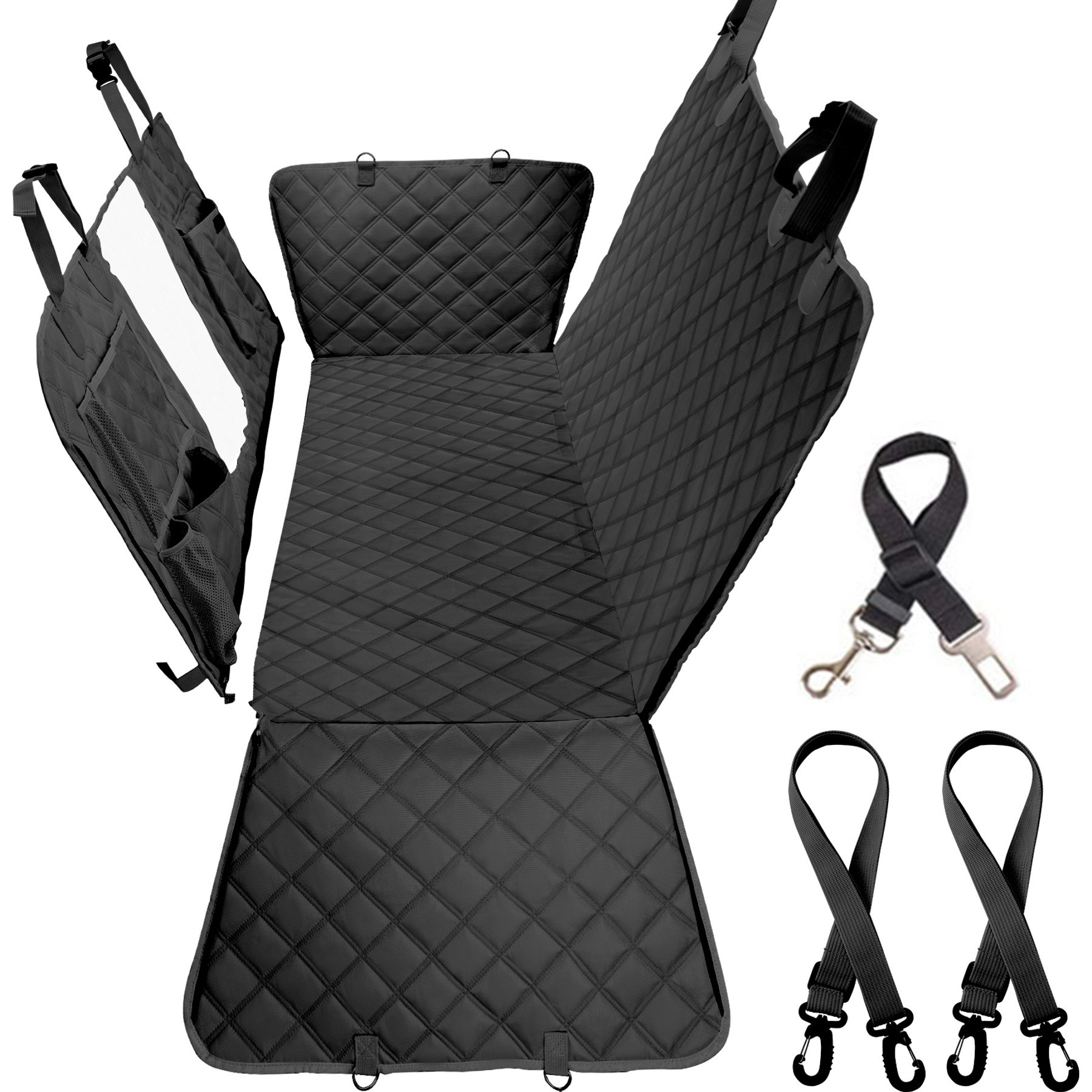 Bark Lover Waterproof Hammock Dog Car Back Seat Cover with Mesh Window & Multiple Pockets, Black, 52 x 58-in