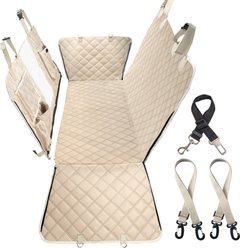 Bark Lover Waterproof Hammock Dog Car Back Seat Cover with Mesh Window & Multiple Pockets, Beige, 52 x 58-in