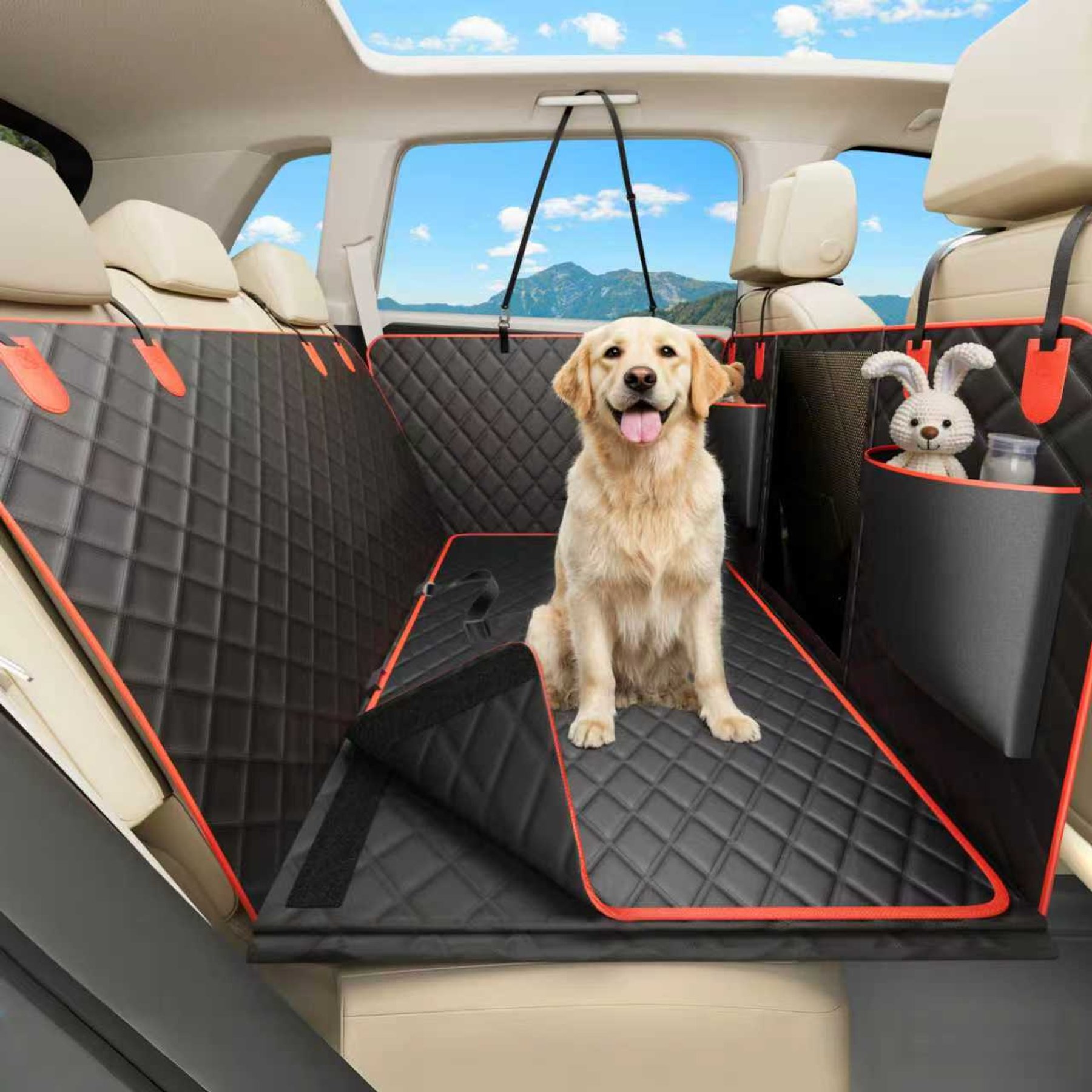 Bark Lover Hard Bottom Waterproof Nonslip Extender Hammock Dog Car Back Seat Cover, 52 x 64-in, Red