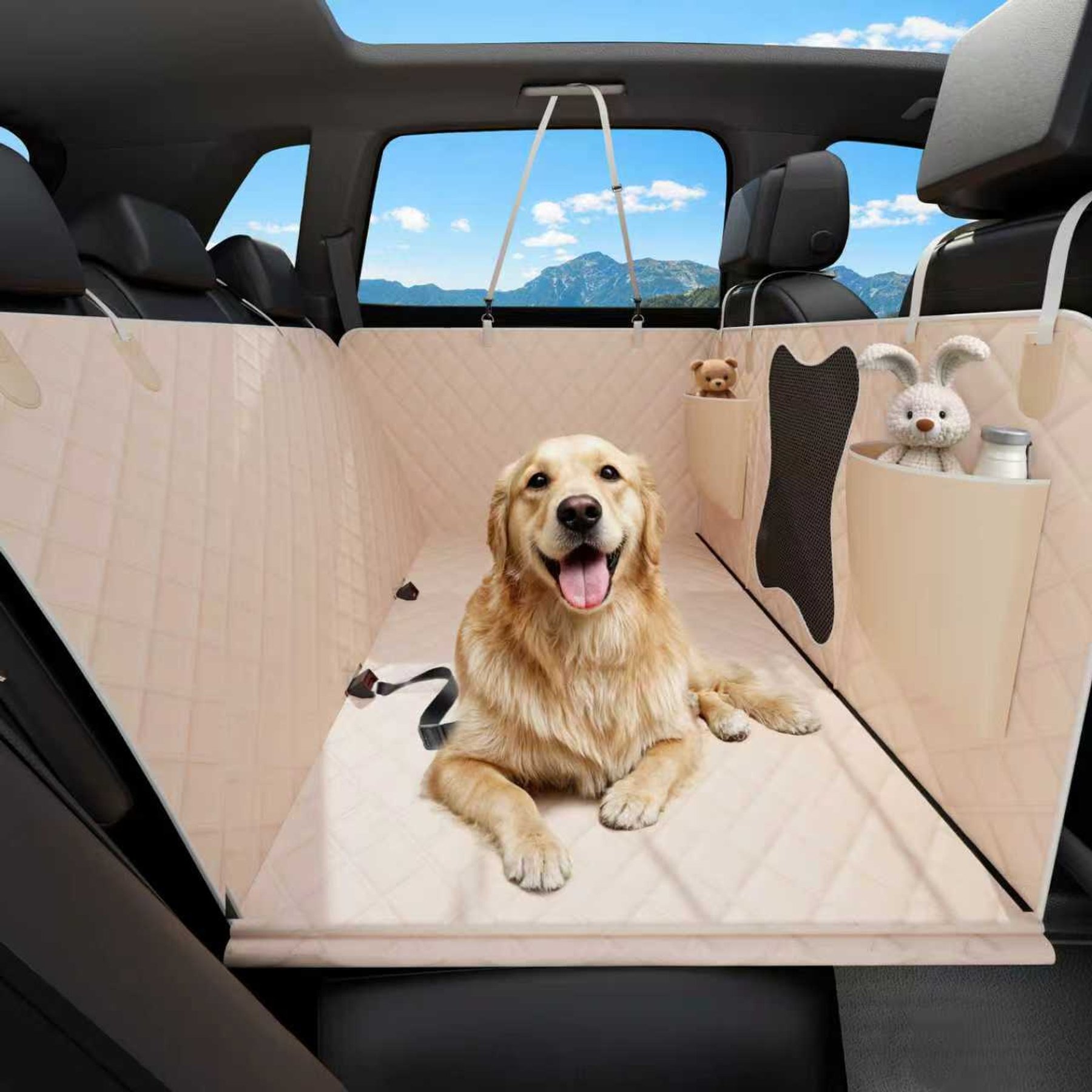 Bark Lover Waterproof Nonslip Hammock Dog Car Back Seat Cover, 52 x 64-in, Beige