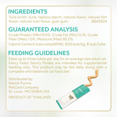 Show full view: Fancy Feast Savory Puree Naturals Tuna Flavored in a Demi-Glace Squeezable Lickable Adult Cat Treats, 0.35-oz tube, case of 4 slide 9 of 12
