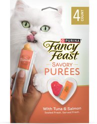 Fancy Feast Savory Puree Naturals Salmon & Tuna Flavored in a Demi-Glace Squeezable Lickable Adult Cat Treats, 0.35-oz tube, case of 4
