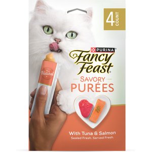 Fancy Feast Savory Puree Naturals Salmon & Tuna Flavored in a Demi-Glace Squeezable Lickable Adult Cat Treats, 0.35-oz tube, case of 4